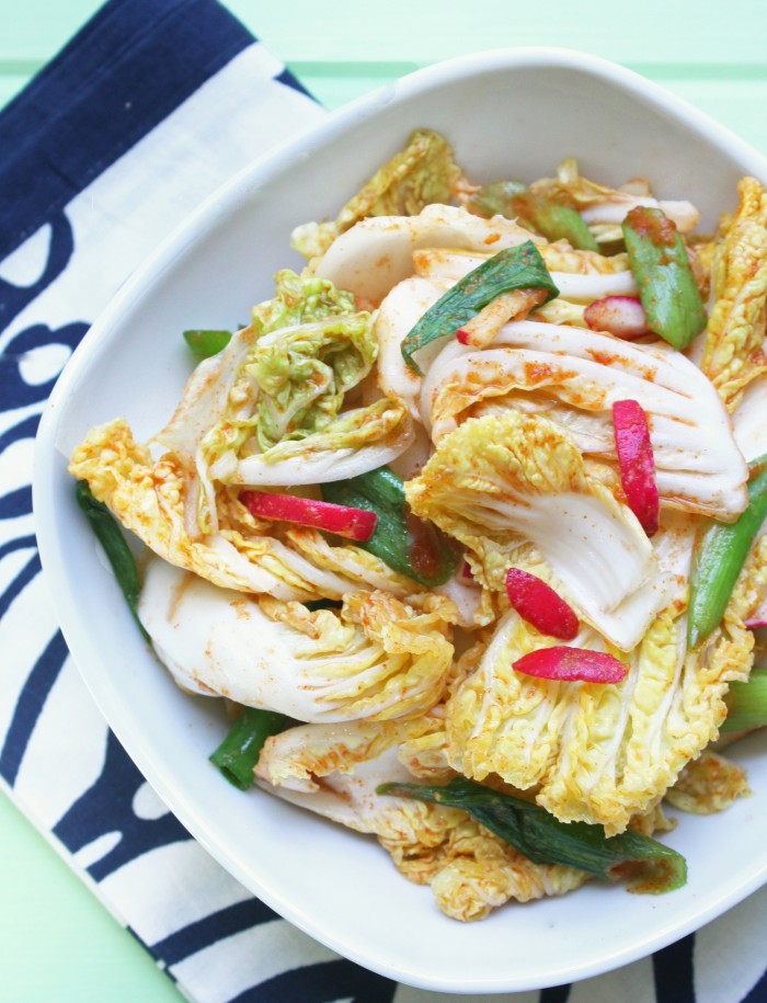 low carb kimchi salad on a white plate