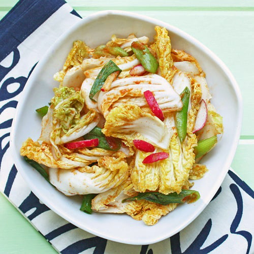 low carb kimchi salad with chopped radishes and Napa cabbage