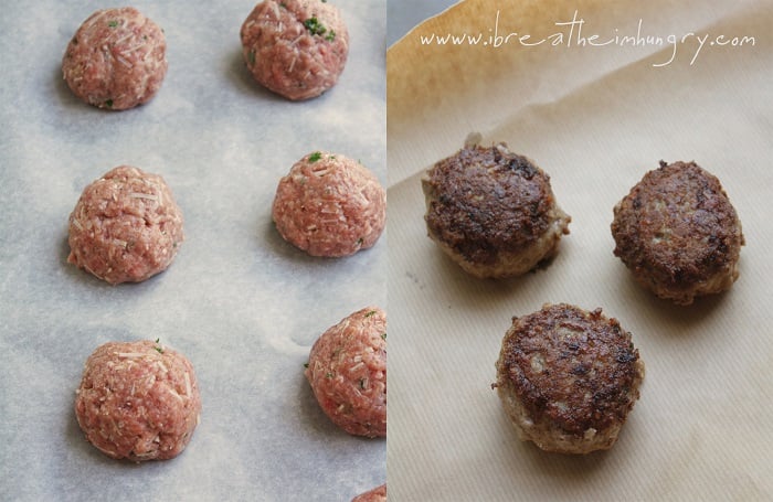 keto meatballs process shots - meatballs raw before cooking, and shown fried after cooking when they should be dark golden brown.