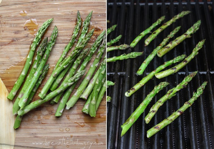 A grid of washed asparagus on a bamboo cutting board and another photo of the asparagus on the grill