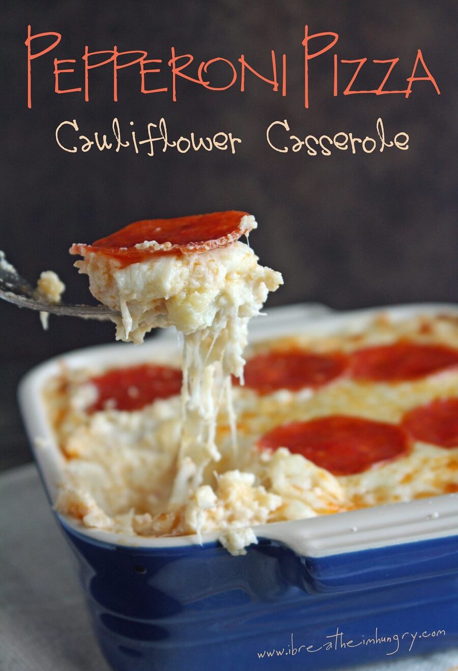 keto pepperoni pizza cauliflower casserole with a cheese pull on a fork