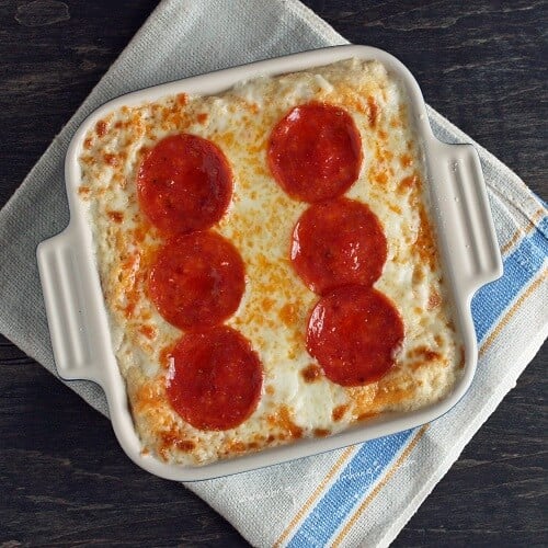 top view of the keto pepperoni pizza cauliflower casserole low carb gluten free