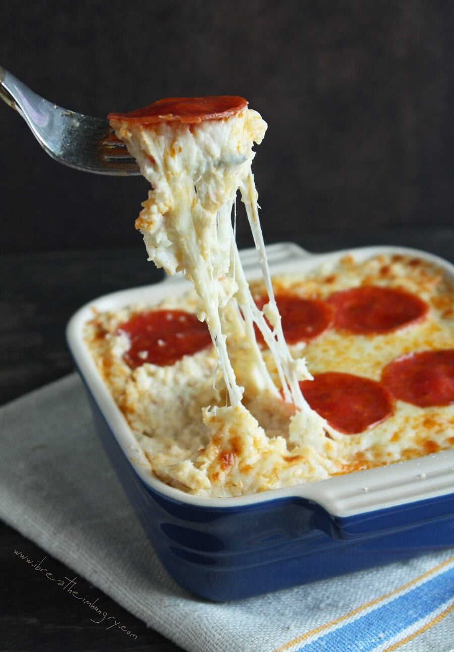 Pureed cauliflower blended with pepperoni and cheese and baked like a casserole