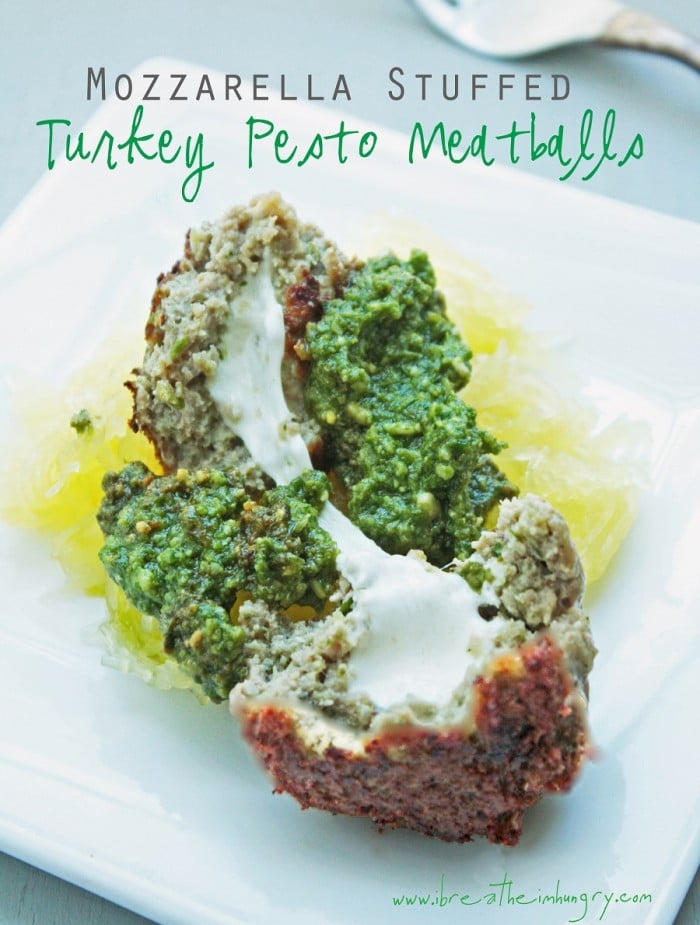 turkey pesto meatballs stuffed with mozzarella cheese