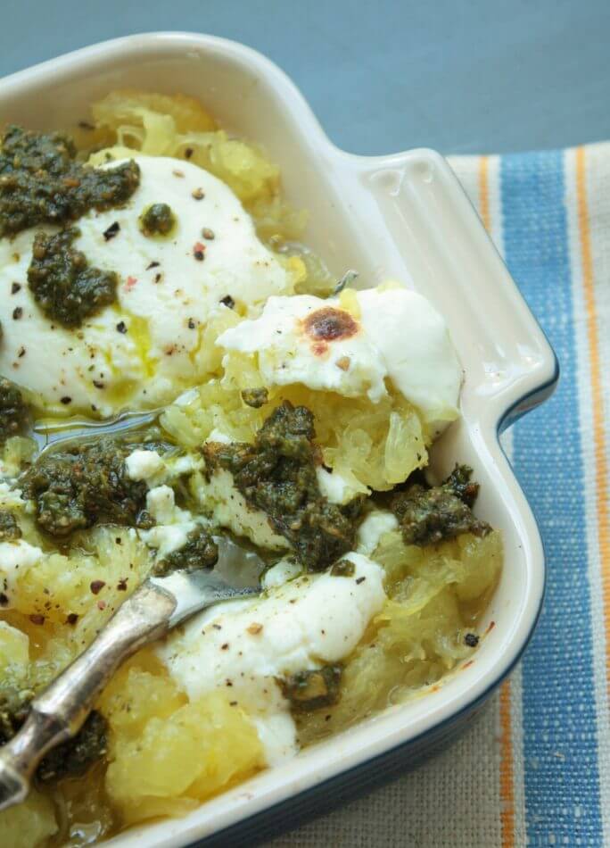 spaghetti squash with pesto and ricotta from ibreatheimhungry.com
