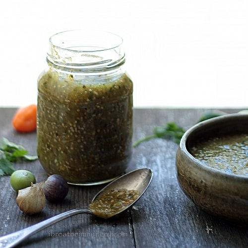 Homemade salsa verde in a small glass mason jar