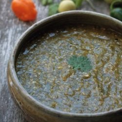 roasted tomatillo salsa in a stoneware bowl