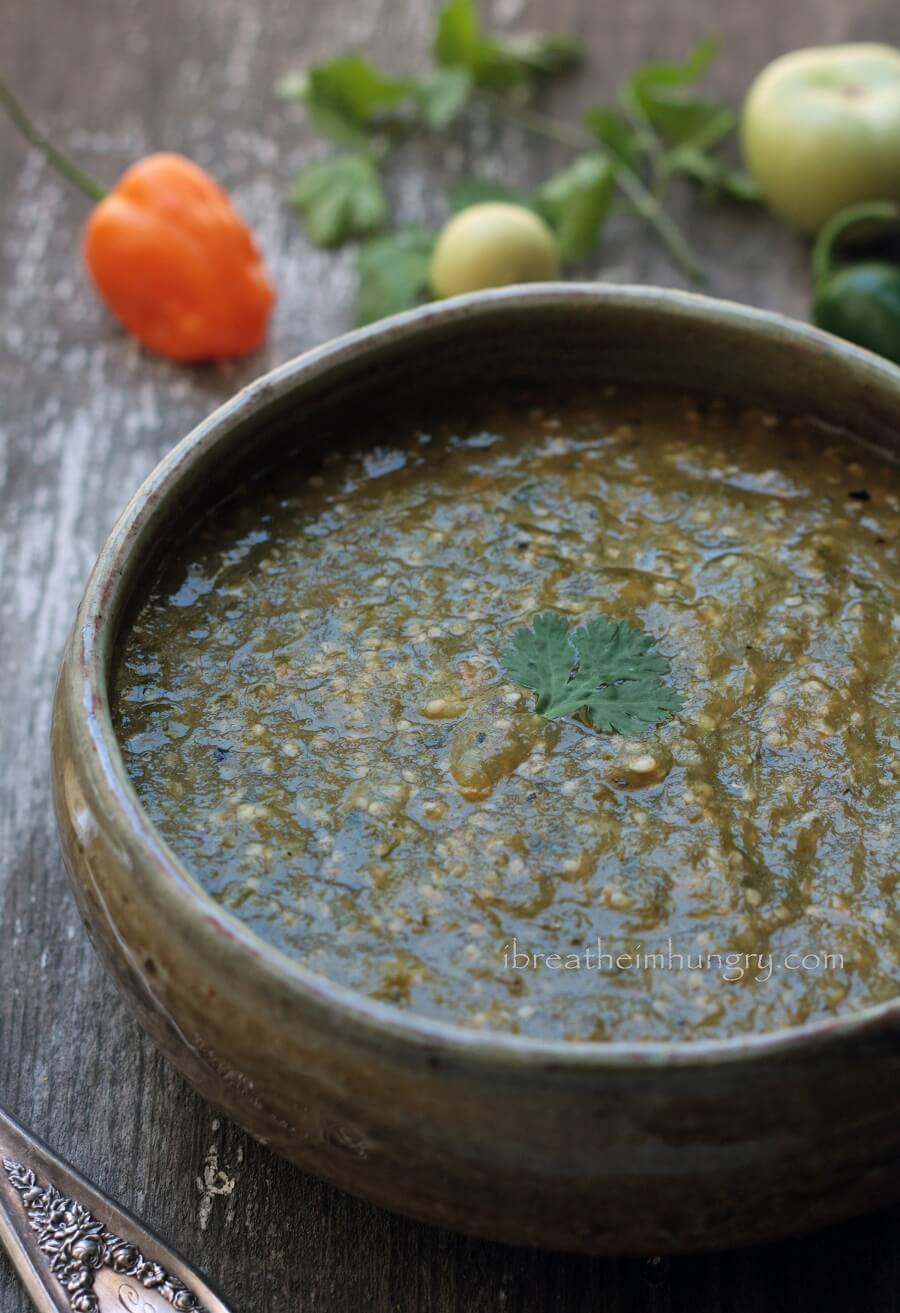 keto salsa verde in a stone bowl made with tomatillos, chili peppers, and cilantro