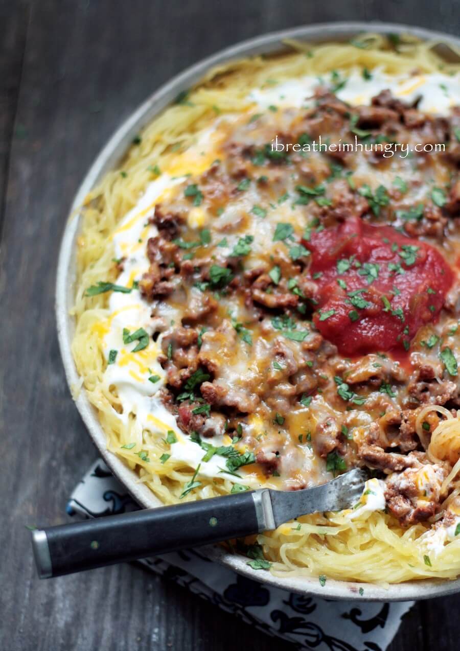 Keto Chili Casserole with a spaghetti squash base. 