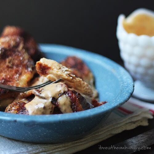 Keto Baked Chicken Thighs showing the inside of the meat is tender and juicy after baking.