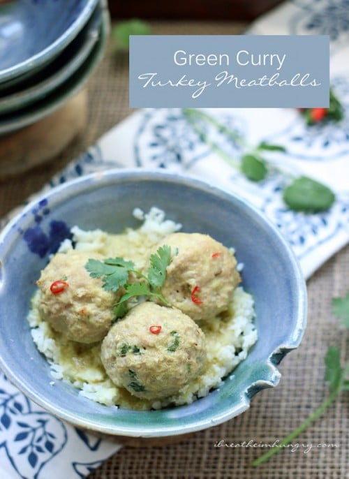 Delicious green curry sauce adorns tender turkey meatballs for the perfect low carb dinner recipe!