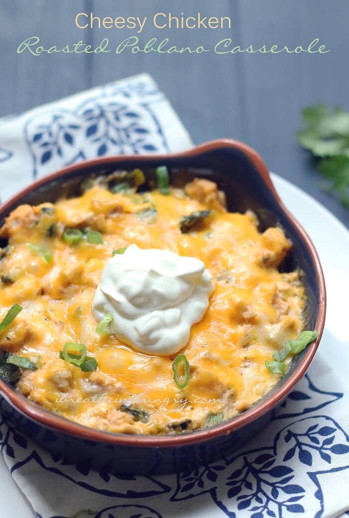 deconstructed cheesy chicken stuffed poblano in a casserole dish as an alternative to labor intensive stuffing.