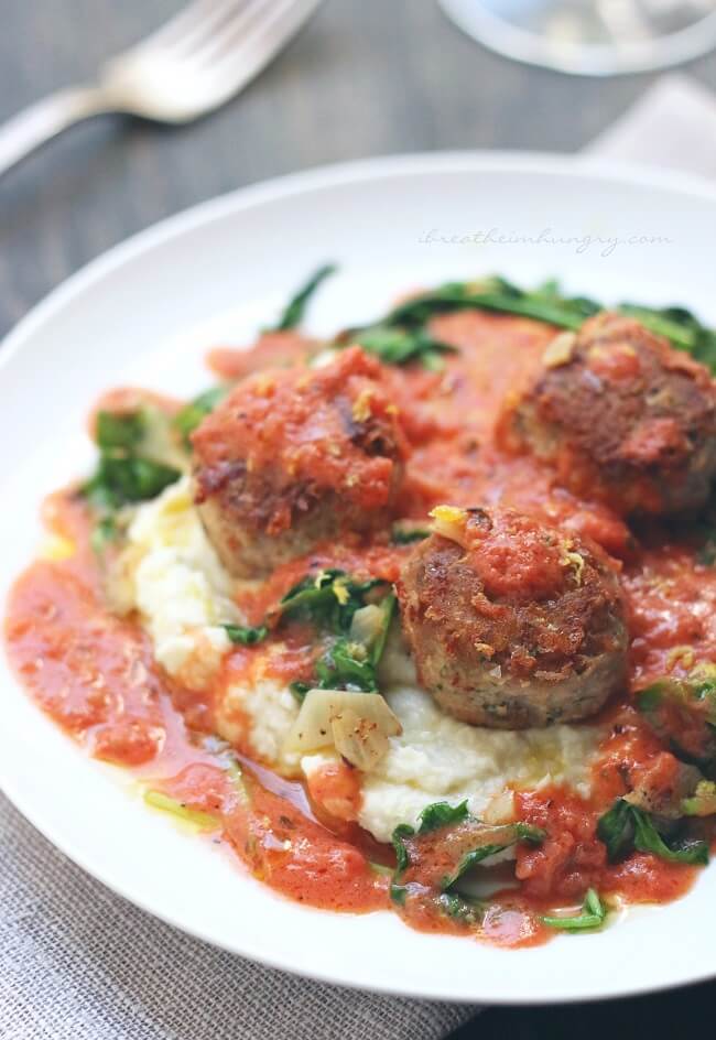 keto Italian pork meatballs with lemon zest and arugula