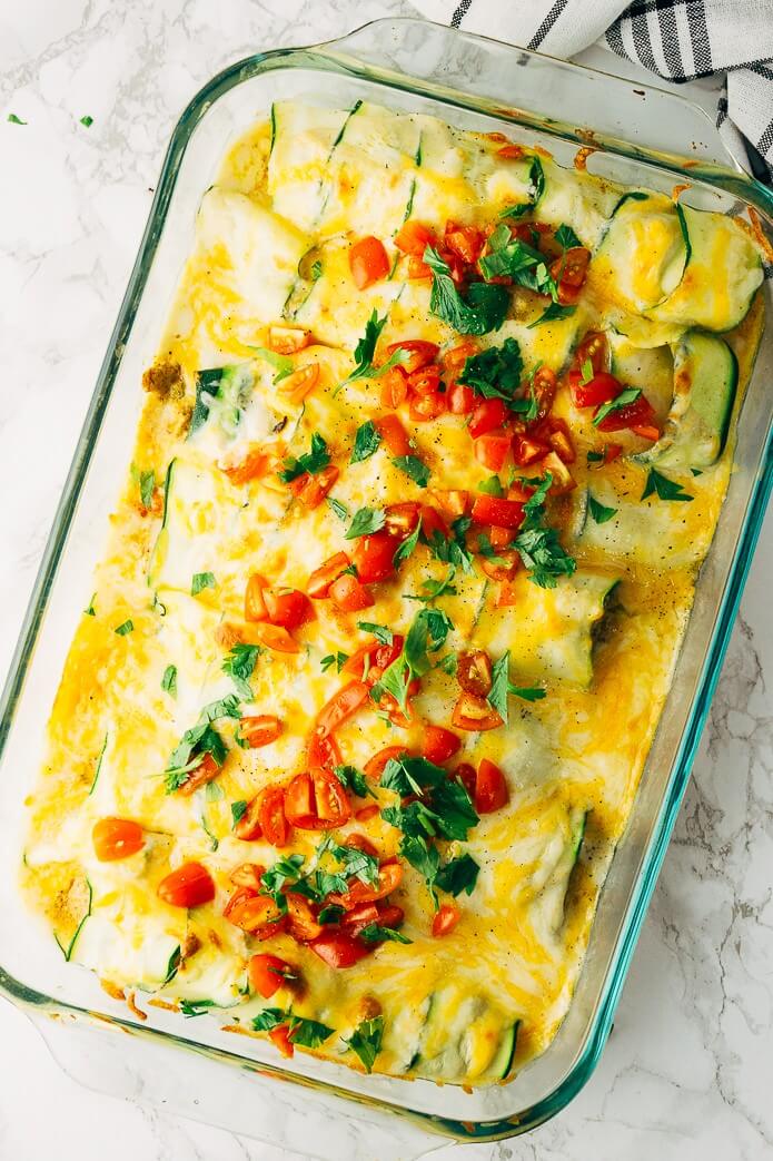 Green chicken enchiladas with zucchini substituting for the tortilla