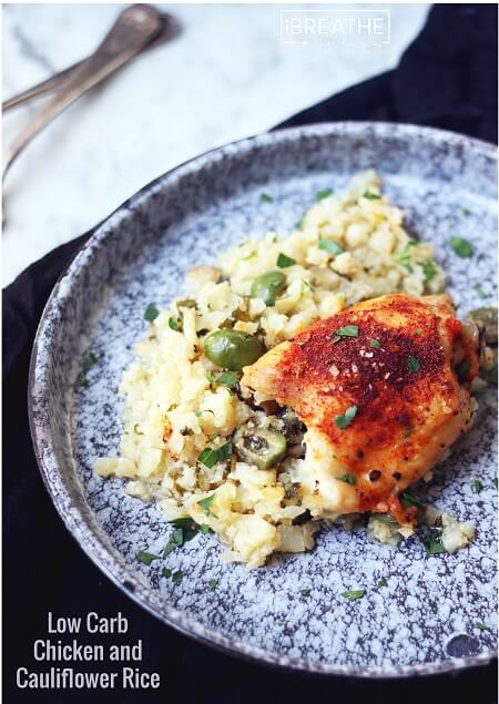 This low carb version of the classic baked chicken and rice is not only delicious, it's also gluten free, grain free, nut free, egg free, Paleo and Whole 30 compliant!