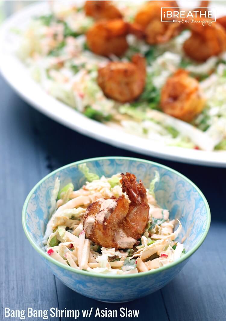 low carb bang bang shrimp in a blue bowl