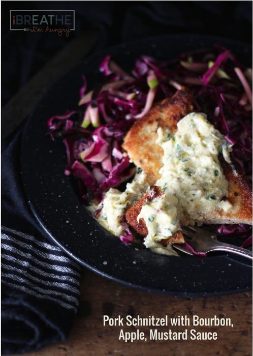 This crispy pork schnitzel is served with a delicious and easy Bourbon, Apple & Mustard sauce! It comes together in just minutes and is also low carb and gluten free! ibreatheimhungry.com