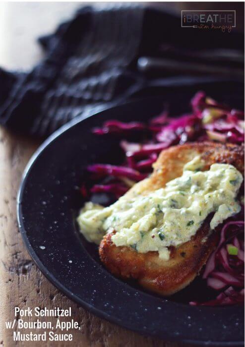This crispy pork schnitzel is served with a delicious and easy Bourbon, Apple & Mustard sauce! It comes together in just minutes and is also low carb and gluten free! ibreatheimhungry.com