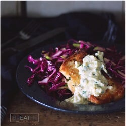 This crispy pork schnitzel is served with a delicious and easy Bourbon, Apple & Mustard sauce! It comes together in just minutes and is also low carb and gluten free! ibreatheimhungry.com