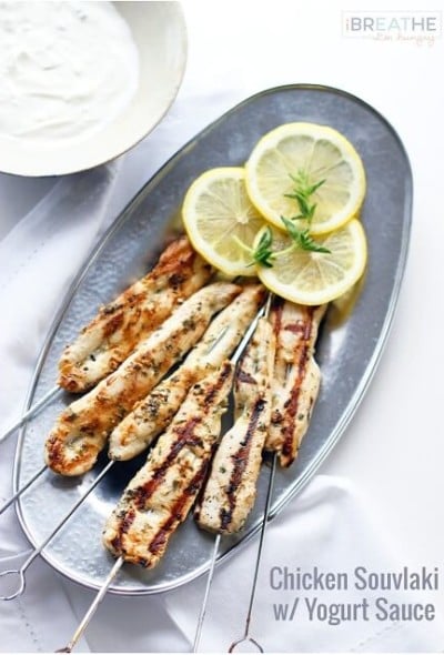 This Grilled Chicken Souvlaki with Yogurt Sauce is fast and easy to make, leaving you lots of time to spend outdoors relaxing this Summer! Low carb, keto, Paleo, and Atkins diet friendly.