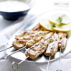 This Grilled Chicken Souvlaki with Yogurt Sauce is fast and easy to make, leaving you lots of time to spend outdoors relaxing this Summer! Low carb, keto, Paleo, and Atkins diet friendly.