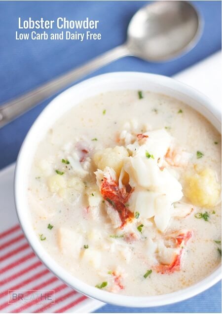 This fantastic lobster chowder can also be made with shrimp, and is low carb, gluten free, AND dairy free!