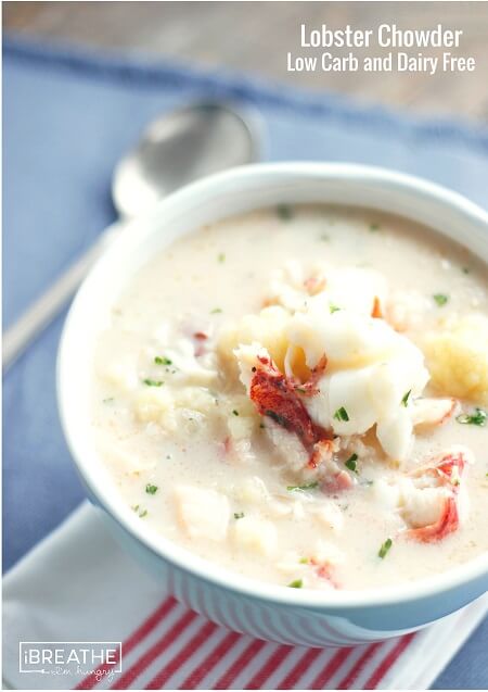 This fantastic lobster chowder can also be made with shrimp, and is low carb, gluten free, AND dairy free!