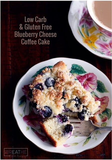 This low carb & gluten free blueberry cheese danish coffee cake has four amazing layers! Keto and Atkins diet friendly!