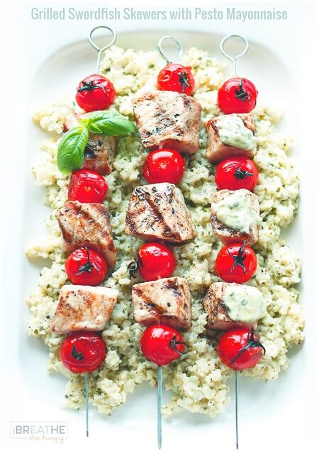 keto grilling recipes - grilled swordfish skewers with pesto mayonnaise
