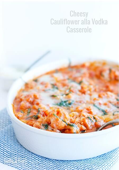 keto cauliflower alla vodka casserole in a white oval dish