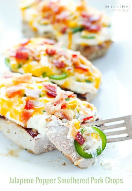 A delicious grilled Jalapeno Popper Smothered Pork Chops recipe - a gluten free dream come true.