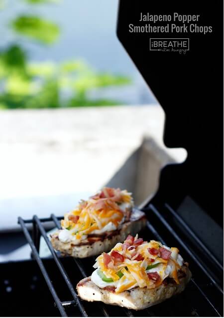 A delicious grilled pork chop (or chicken) smothered in cheese, bacon, and jalapenos