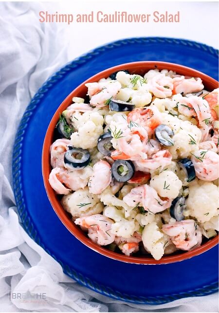 This cool and creamy salad featuring cauliflower, shrimp, and black olives is perfect for summer! The fact that it's also low carb is a bonus!