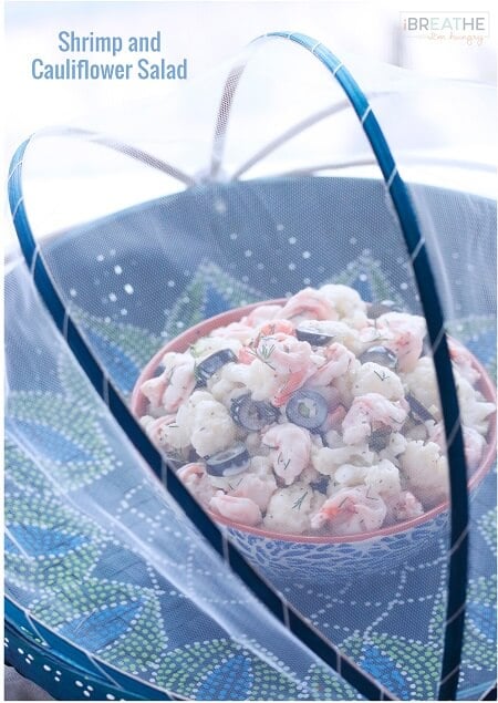 This cool and creamy salad featuring cauliflower, shrimp, and black olives is perfect for summer! The fact that it's also low carb is a bonus!