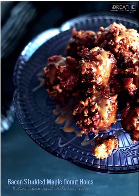 Crunchy on the outside, cakey on the inside, these low carb and gluten free donut holes use caramel as a delicious glue for the bacon!