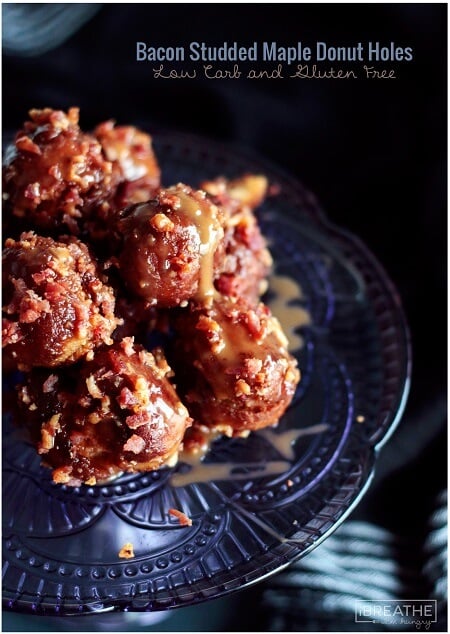 Crunchy on the outside, cakey on the inside, these low carb and gluten free donut holes use caramel as a delicious glue for the bacon!
