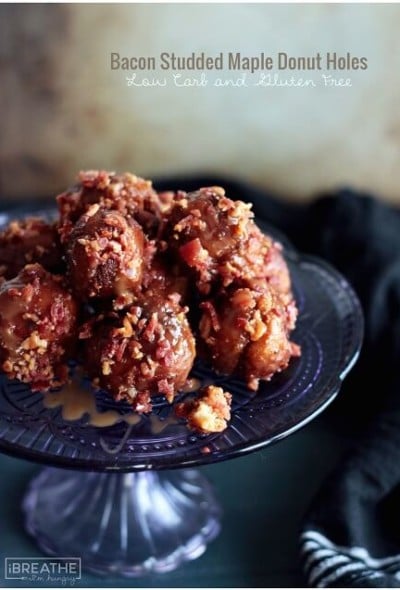 Crunchy on the outside, cakey on the inside, these low carb and gluten free donut holes use caramel as a delicious glue for the bacon!
