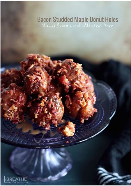 Crunchy on the outside, cakey on the inside, these low carb and gluten free donut holes use caramel as a delicious glue for the bacon!