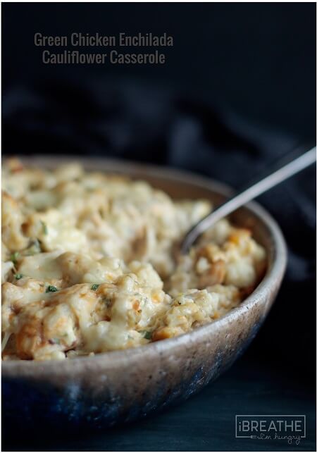 A cheesy low carb green chicken enchilada cauliflower casserole that is sure to be a hit with the whole family! Super easy to throw together it's also gluten free!
