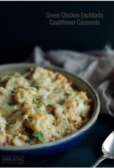 A cheesy green chicken enchilada casserole that is to die for! Super easy to throw together it's also low carb and gluten free!