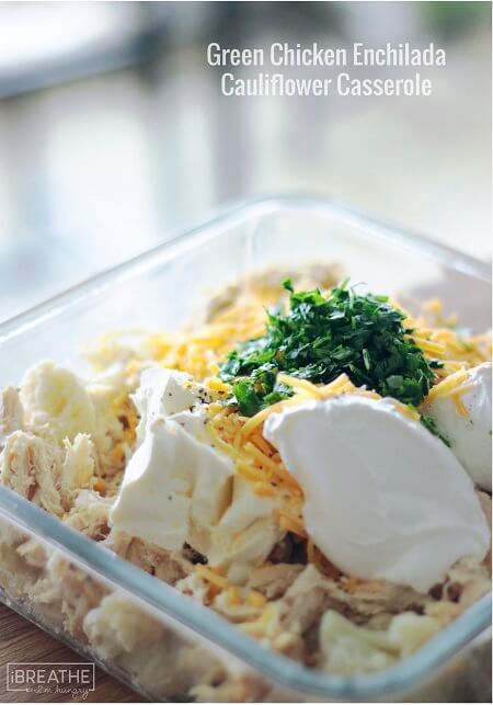 A cheesy low carb green chicken enchilada casserole that is super easy to throw together. It's also low carb and gluten free!