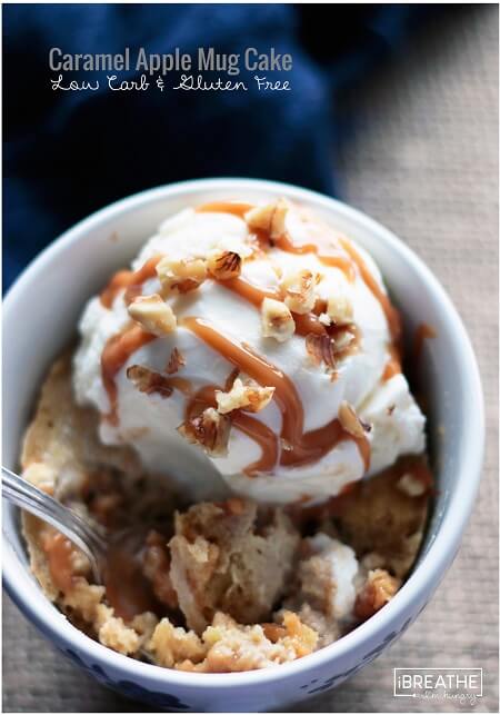 Caramel Apple Mug Cake with Vanilla Ice Cream shot from above