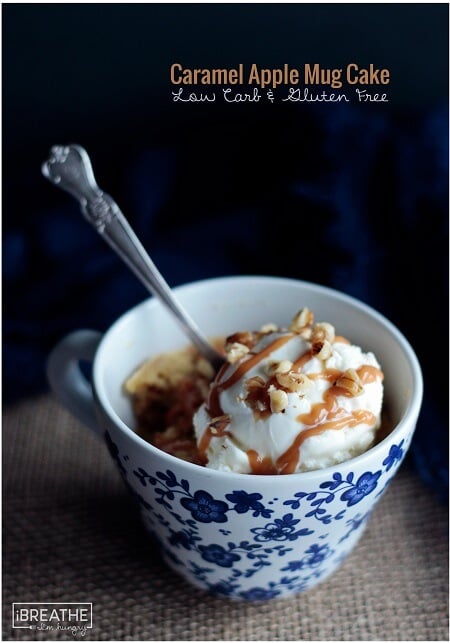Low Carb Apple Mug Cake in white mug with blue print