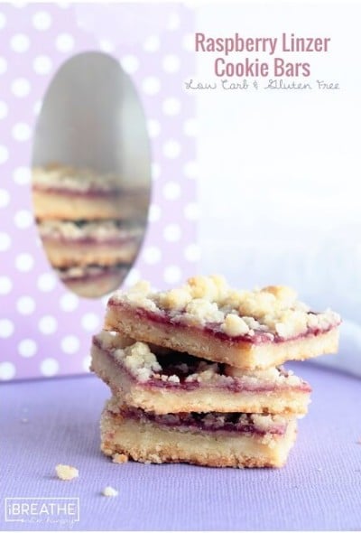 All the flavor and texture of your favorite raspberry linzer cookie without the tedious work! Low carb, egg free, and gluten free
