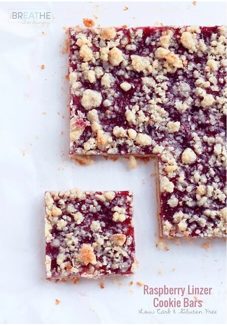 All the flavor and texture of your favorite raspberry linzer cookie without the tedious work! Low carb, egg free, and gluten free