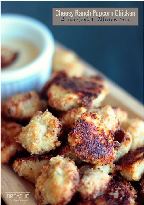 This quick and easy (low carb and gluten free) Cheesy Ranch Popcorn Chicken recipe is a delicious and healthy way to get your family together! #HiddenValleyit