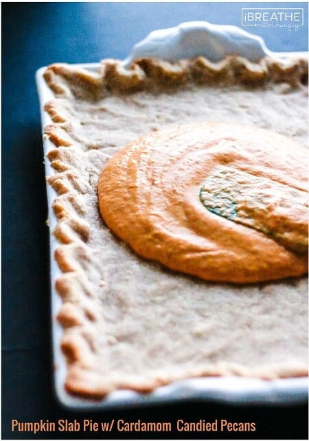 This low carb pumpkin slab pie will be your new favorite! The Cardamom Candied Pecans on top take it to the next level! Keto & Atkins friendly.