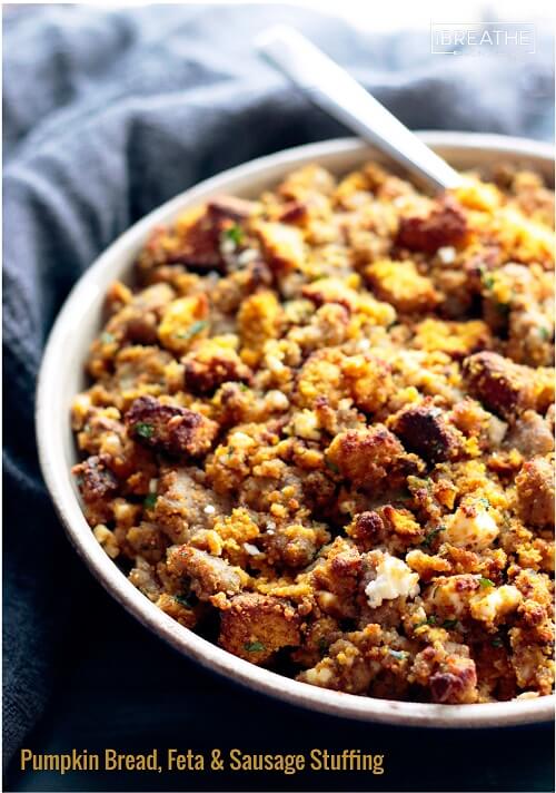 This delicious low carb and gluten free pumpkin bread, sausage & feta stuffing / dressing recipe goes great with roasted turkey!