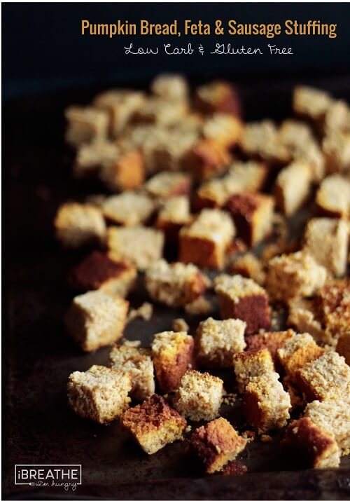 This delicious low carb and gluten free pumpkin bread, sausage & feta stuffing / dressing recipe goes great with roasted turkey!