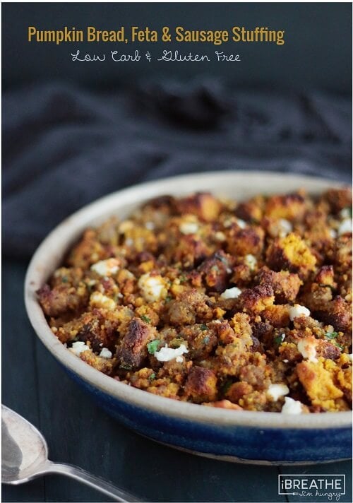This delicious low carb and gluten free pumpkin bread, sausage & feta stuffing / dressing recipe goes great with roasted turkey!